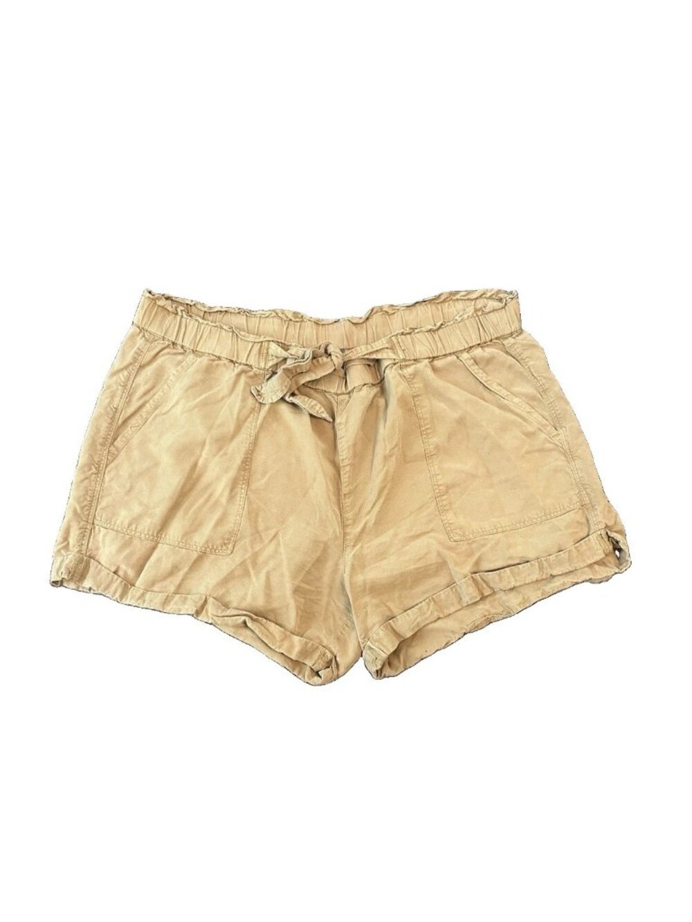 Aerie Womens Lyocell Pull on Tan Shorts L Paperbag Waist Khaki Minimalist Summer